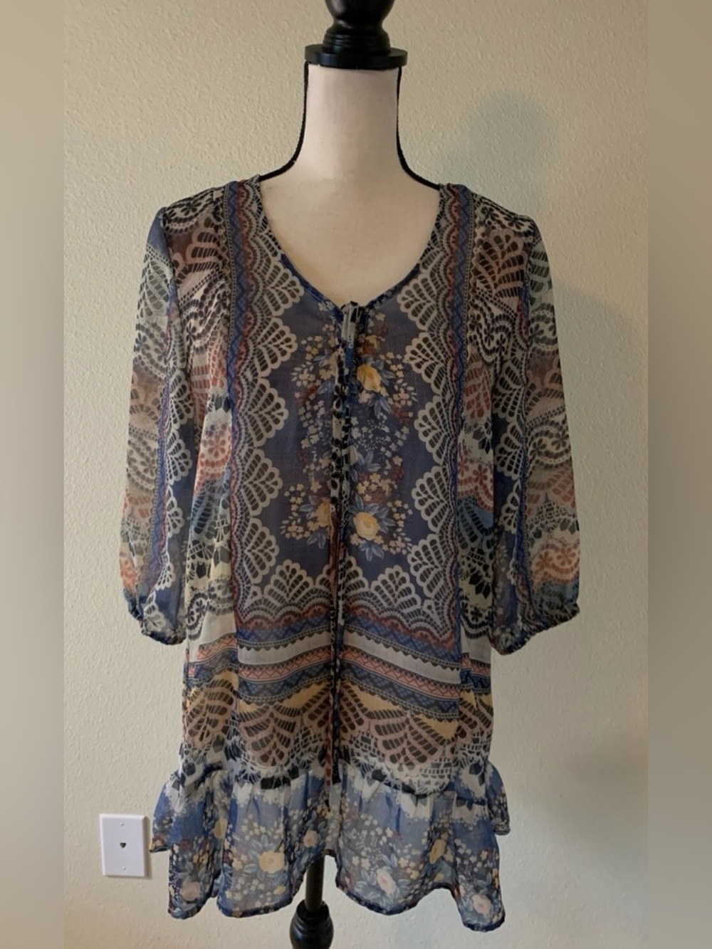UNITY WORLD WEAR Multicolor Floral Scoop Neck 3/4 Sleeve Peasant Blouse